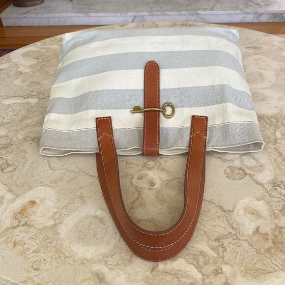 Fossil Austin Cream Blue Stripe Coated Canvas Leather Nautical Tote Shoulder Bag - Picture 8 of 15